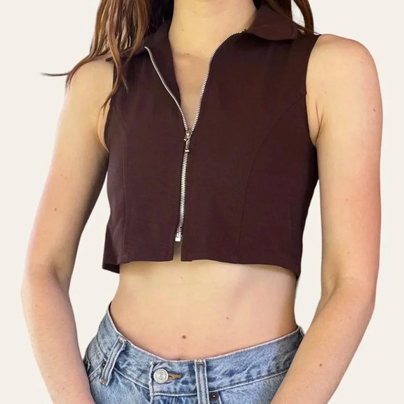 90s vintage collared zip-up brown crop top Jazz Kids/All That Jazz XXS/XS - Picture 1 of 6